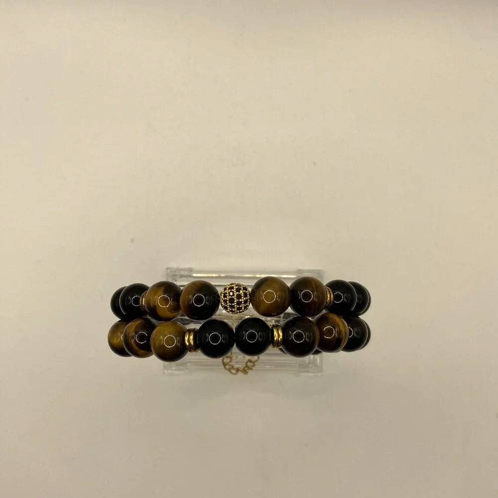 Tiger Eye Cubic Zirconia + Black Agate Gemstone 2-strand Bracelet Brand New